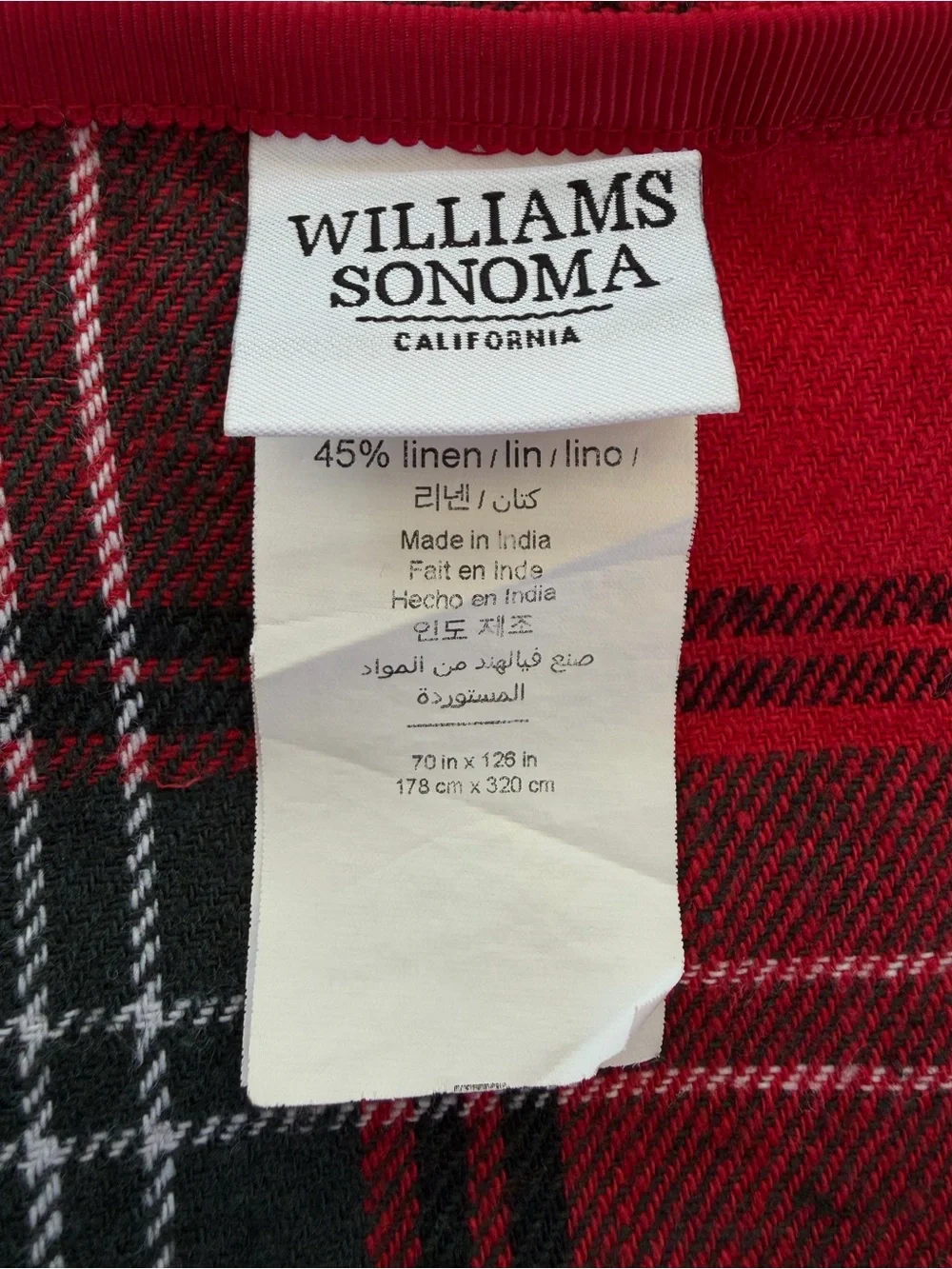 Williams Sonoma Red Tartan Plaid Cotton Linen Tablecloth 70 x 126 Holiday